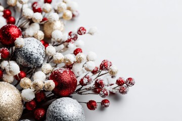 Christmas baubles and winter berries on white background