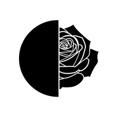 Black and white half rose in a circle graphic design