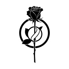 Black silhouette rose with circular symbol and leaf design