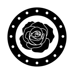 Black silhouette of a rose within a decorative circular frame