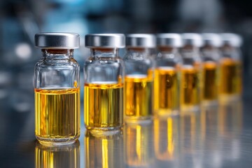 Vials of yellow liquid arranged in a row on a stainless steel surface in a laboratory setting during daytime