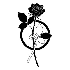 Black rose tied with a ribbon inside a circle