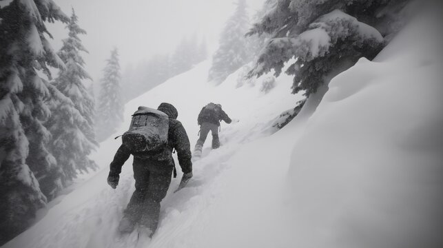 Two hikers with backpacks ascend a steep snowy mountain during a blizzard in black and white.