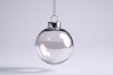 Clear glass Christmas ornament hanging on minimalist background