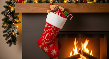 Christmas stocking filled with gifts and decorations hanging by fireplace  
