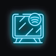 Blue neon icon of a smart tv streaming music through wifi from internet on a black background