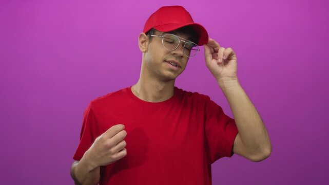 Young man adjusts red shirt and tilts red cap while looking aside before purple studio wall; confidence.