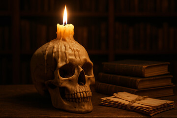Skull and candle and books