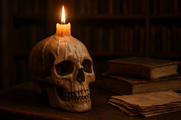 Skull and candle and books