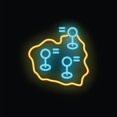 Neon icon of a route planning app showing a map with multiple location pins indicating points of interest