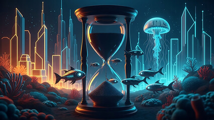 Hourglass with sand in an underwater city with glowing fish and jellyfish illustration art silhouette