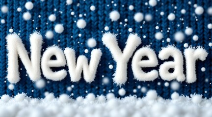 Fluffy white 'New Year' text floating against a cozy blue knitted background with falling snow for holiday celebration concept and winter greetings