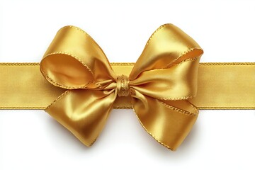 Elegant golden satin ribbon bow on white background