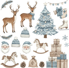 Whimsical watercolor christmas elements featuring deer trees gifts and toys