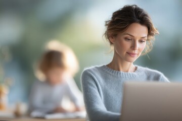 Working Mom at Ease: A serene working mother focused on her laptop, with a blurred child playing in the background.