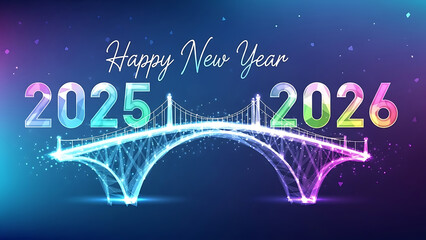 Happy new year with bridge connecting the years of twenty twenty five and twenty twenty six silhouette