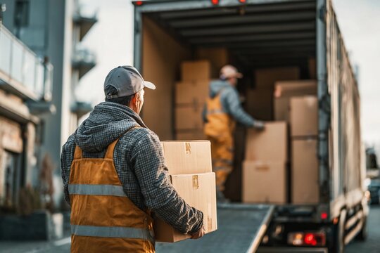 Workers unload boxes from a delivery truck in an urban setting during late afternoon