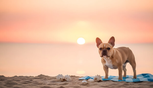 French bulldog standing on beach towel at sunset with ocean background