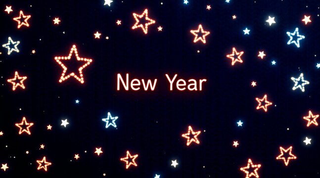 Glowing red, white, and blue star lights with 'New Year' text on a dark festive background for holiday celebration concept and seasonal greetings