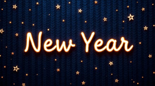 Glowing "New Year" text with sparkler effect on a cozy dark blue knitted background and golden stars for festive celebration concept and winter holidays