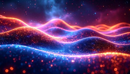 Wavy, glowing landscape in blues and oranges with sparkling lights suggesting a distant cosmos