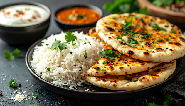 Indian meal with naan and rice, tasty food, delicious dish. Cooking and culinary concept.