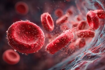 Red blood cells move through a bloodstream, showing dynamic flow and intricate details of cellular structure