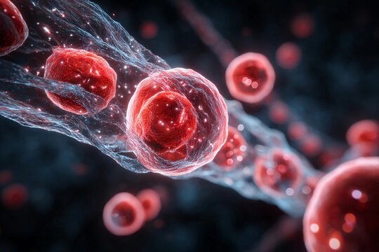Red blood cells flowing through the bloodstream showing the vital movement within the circulatory system at a microscopic level