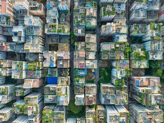 Aerial view of densely packed buildings with rooftops covered in greenery, creating a textured urban landscape from above, Dhaka, Dhaka Division, Bangladesh.