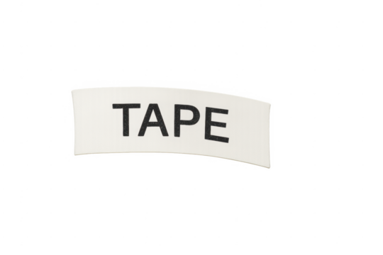 White tape label with black text on transparent background