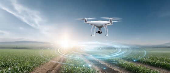 Aerial Drone in Flight: An advanced drone hovers gracefully above verdant fields, navigating the sky with precision and capturing stunning aerial views. Embracing innovation.