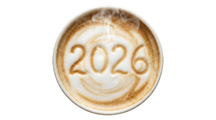 Coffee art with the year 2026 latte art on a white background perfect for new year or future events