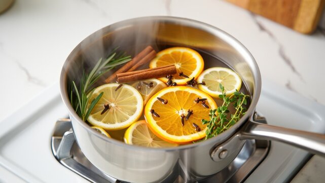 Stovetop simmer pot with citrus slices spices, saucepan on gas burner, steam rising kitchen ritual, orange lemon clove cinnamon rosemary thyme, natural home fragrance, winter holiday aroma