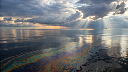 Naklejka premium Oil Film Spreading Across Ocean Surface. Thin oily sheen floating on rippling ocean water, showing pollution and environmental contamination. 