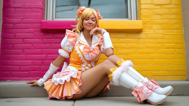 Cosplay convention shoot, vibrant costume pose, colorful backdrop, playful fandom energy, with copy space