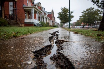 Cracked sidewalk during rainy weather in urban neighborhood highlighting infrastructure issues