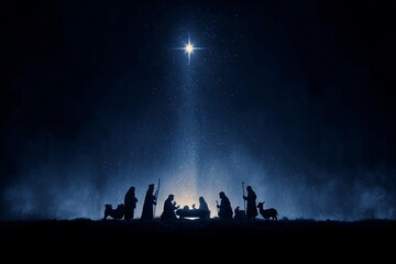 Naklejka premium Nativity scene illuminated by a bright star during a peaceful night