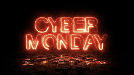 cyber monday text word lettering typography fire neon sign fluorescent light glowing With Floor Reflection ,holiday sign symbol text reveal Glowing Neon Light flickering, flash and blinking background - Powered by Adobe