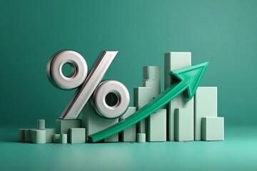 Percent symbol with rising arrow over green bars representing growth and increasing values in financial data analysis