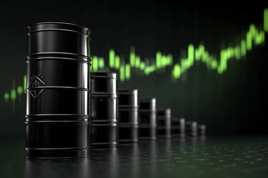 Oil barrels arranged with a rising market trend background, illustrating fluctuations in the energy sector as prices change