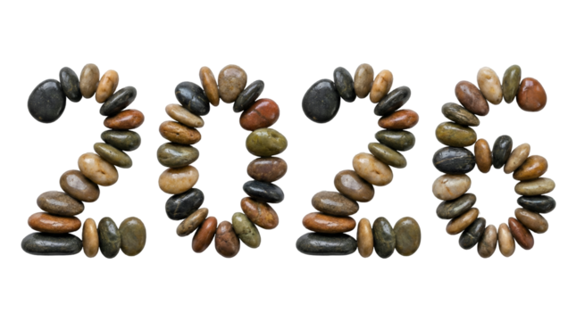 2026 number created from colorful pebbles arranged on a white background representing the upcoming year