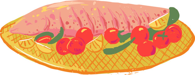 Textured Doodle Gold Tray Whole Salmon Fish and Vegetables