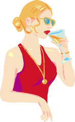 Textured Doodle Blonde Woman Red Dress Drinking Cocktail
