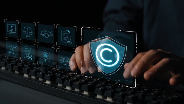 Digital copyright protection system showing secure ownership, intellectual property rights, content verification, and legal warning icons for creators and publishers Marrow