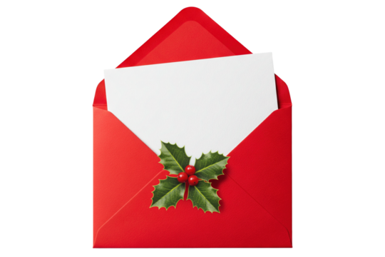 open red christmas envelope with holly and blank card