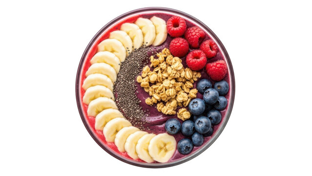 Top view of colorful aa bowl with banana, berry, and granola isolated on transparent background