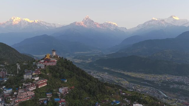 Aerial view of Sarangkot and snow capped mountains, Nepal.
