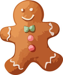 A cute gingerbread man cookie decorated with icing details, a green bow tie, and pink candy buttons