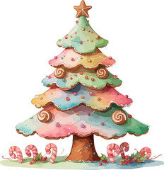 A colorful candy-themed Christmas tree decorated with swirled cookies, pastel ornaments, and candy canes at the base.
