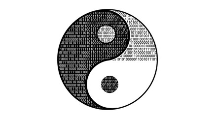 Yin yang symbol filled with binary code creating a digital balance and harmony concept art silhouette